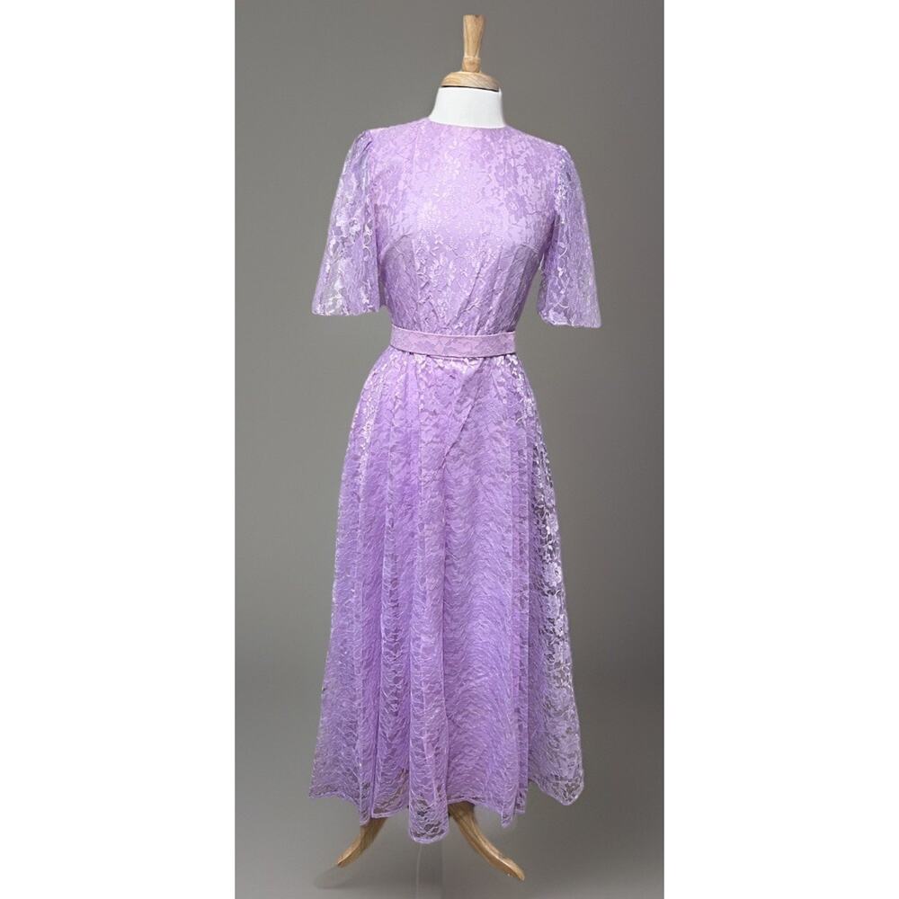Vintage 70s Mike Benet Formal sz 6 Lavender Simply Lace Belt Maxi Dress Prom
